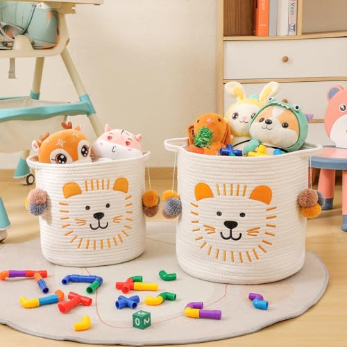 Inough Large Blanket Baskets for Living Room Decor Toy Storage Baskets Woven Cotton Rope Animal Storage Basket for Kids Dog Toys Organizer Clothes Hamper with Embroidery Decor for Nursery Large Lion - Image 3
