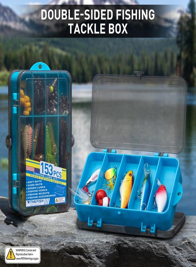 THKFISH طقم طُعم صيد THKFISH، صندوق أدوات صيد مكون من 153 قطعة، يشمل طُعمًا صناعيًا، وطُعمًا دوارًا، وملعقة، وأوزانًا، وخطافات، وغيرها من الملحقات لصيد سمك القاروص وسمك السلمون المرقط في المياه العذبة والمالحة. هدية مثالية للرجال. - Image 5