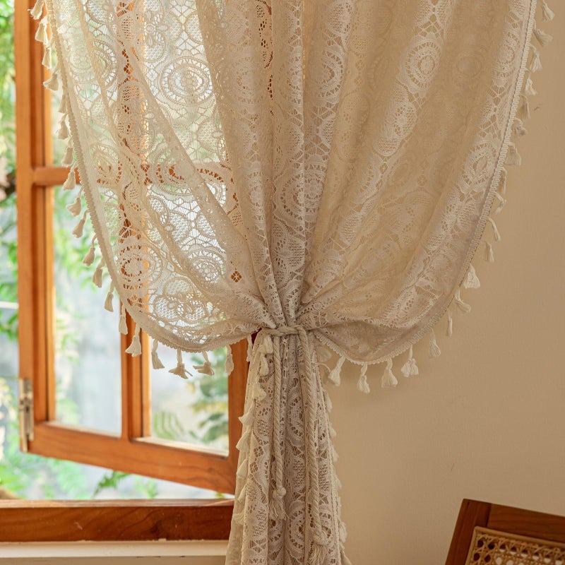 YJ YANJUN Boho Lace Curtains 84 inches Long 2 Panels-Vintage Floral Crochet Sheer Panels with Tassel for Living Room Bedroom Light Filtering Cottagecore Bohemian Farmhouse Drapes Beige W59 x L84 - Image 4