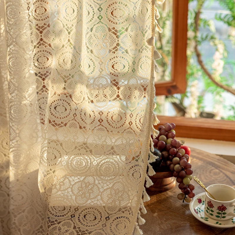 YJ YANJUN Boho Lace Curtains 84 inches Long 2 Panels-Vintage Floral Crochet Sheer Panels with Tassel for Living Room Bedroom Light Filtering Cottagecore Bohemian Farmhouse Drapes Beige W59 x L84 - Image 3
