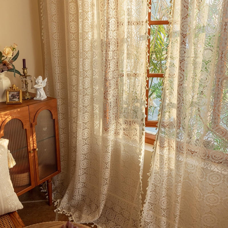 YJ YANJUN Boho Lace Curtains 84 inches Long 2 Panels-Vintage Floral Crochet Sheer Panels with Tassel for Living Room Bedroom Light Filtering Cottagecore Bohemian Farmhouse Drapes Beige W59 x L84 - Image 1
