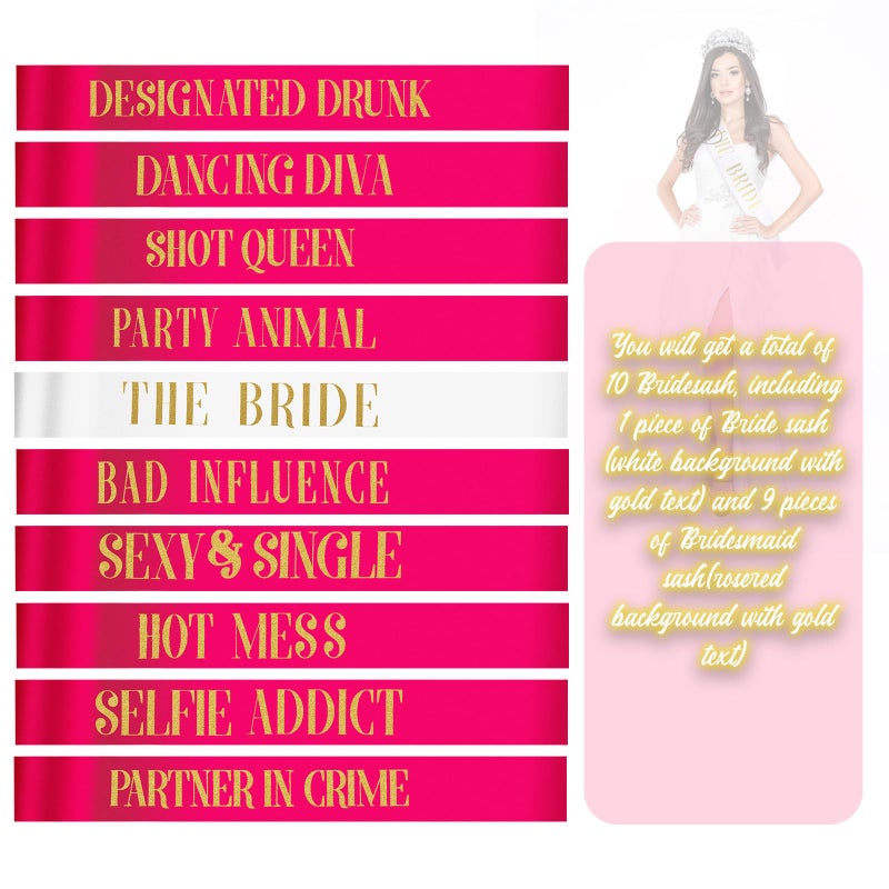 LEIFIDE 10 Pack Bride and Bridesmaid Sash Set Wedding Bachelorette Funny Team Gifts Sash Decorations for Woman Bride Bridesmaid of Honor Party Supplies(Rose Red, White) - Image 3