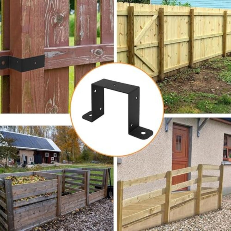 4Pcs U-Shape Post Base Bracket for 4x4 Wood, 2mm Thick Heavy Duty Powder Coated Black Strap Ties, Metal to Wood Fence Deck Connector - Image 3