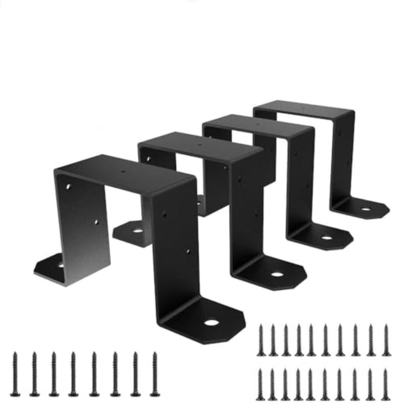 4Pcs U-Shape Post Base Bracket for 4x4 Wood, 2mm Thick Heavy Duty Powder Coated Black Strap Ties, Metal to Wood Fence Deck Connector - Image 1