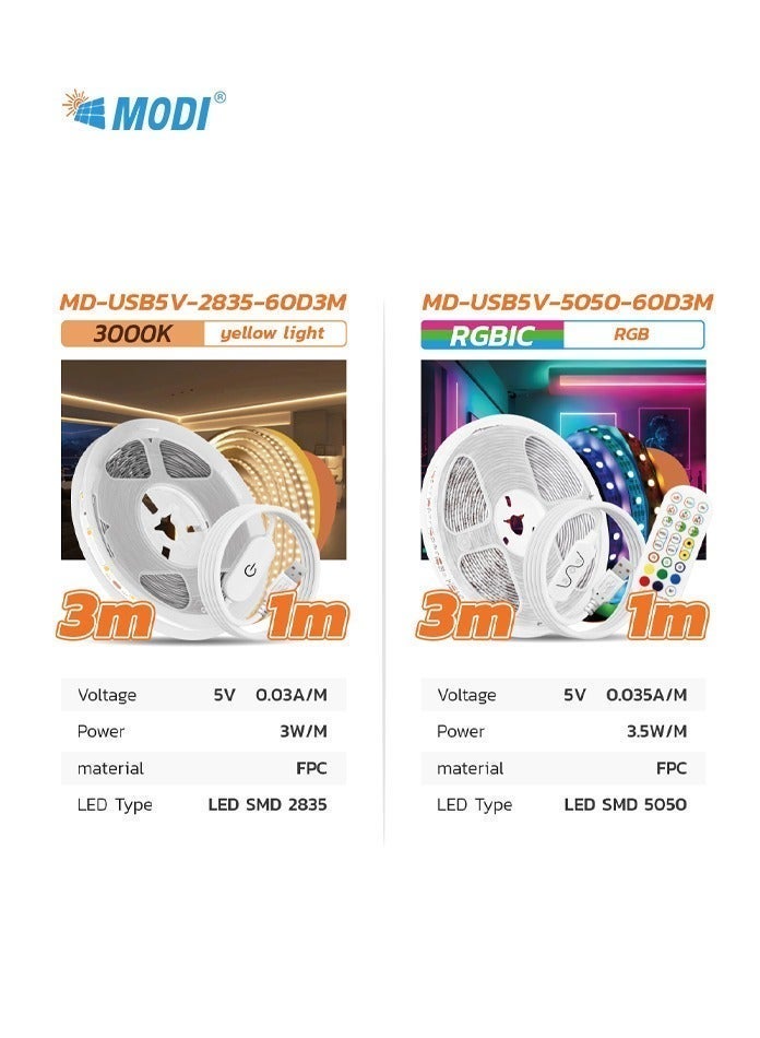 MODI 3M USB LED Strip Light, 3000K Warm White, 60 LEDs/M, Self-Adhesive Cuttable Light Strip with 1M Cable, On/Off Switch for TV, Bedroom, Kitchen, Christmas & Party Decor - Image 3