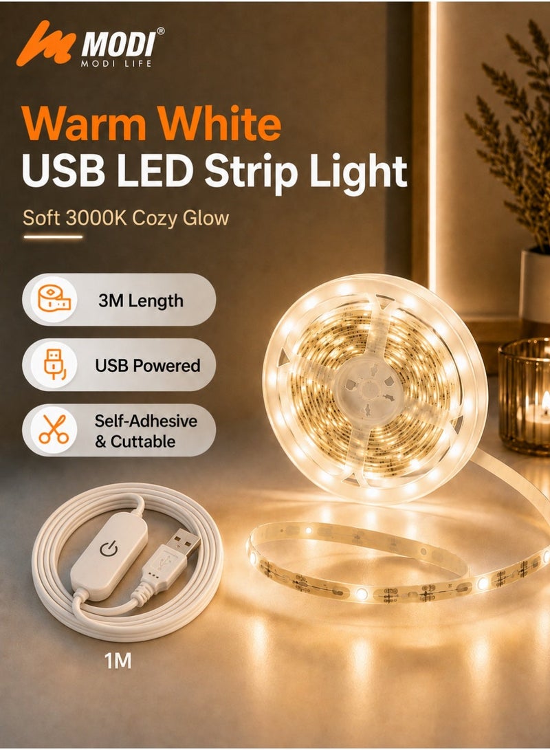MODI 3M USB LED Strip Light, 3000K Warm White, 60 LEDs/M, Self-Adhesive Cuttable Light Strip with 1M Cable, On/Off Switch for TV, Bedroom, Kitchen, Christmas & Party Decor - Image 1