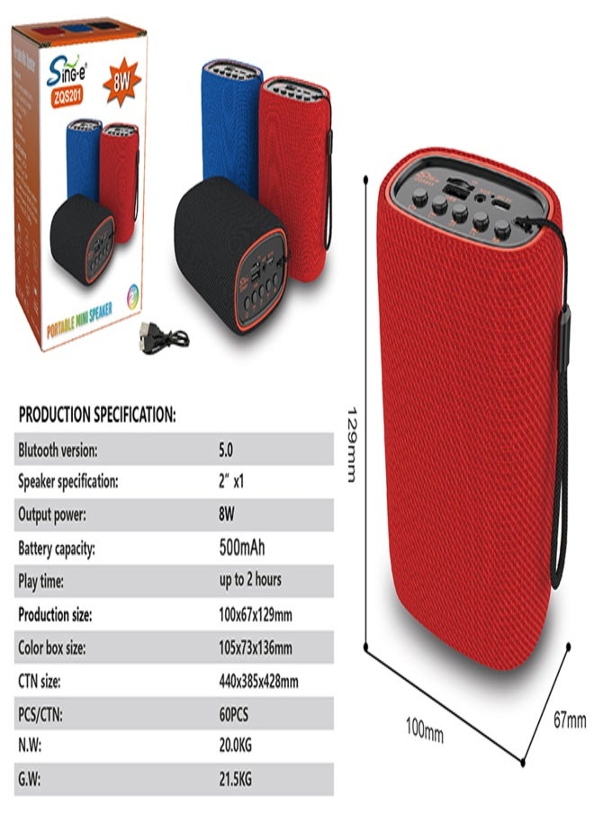 The Sing-e ZQS201 portable speaker is a compact yet powerful audio device designed to deliver a high-quality audio experience anywhere. It features a rechargeable 1000mAh battery and supports Bluetooth music playback, MicroSD card playback, USB input, and AUX input, making it ideal for home or on-the-go use.