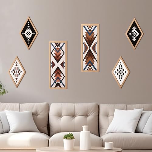 She Love Large Western Aztec Wall Decor 6Pcs, Thicker Wooden Double Layer Boho Geometric Tribal Wall Art Southwestern Rustic Country Farmhouse Home Decor for Living Room Bedroom Kitchen Bathroom - Image 1