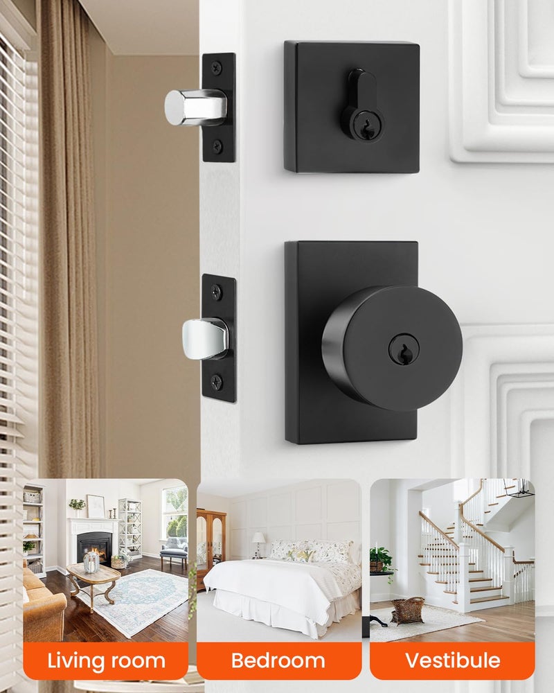 Haidms Black Exterior Door Lock Set with Deadbolt, Zinc Alloy Matte Black Front Door Knob with Lock, Heavy Duty Deadbolt Lock and Door Knob Set with Lock and Key, Reversible Entry Hardware (1 Pack) - Image 4