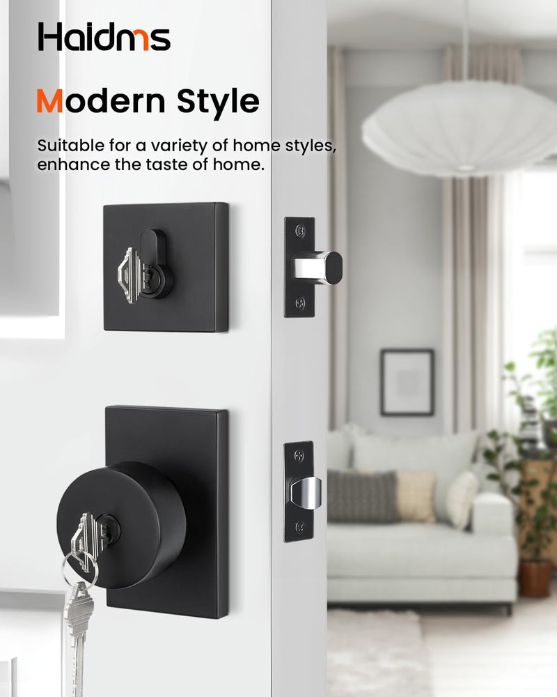 Haidms Black Exterior Door Lock Set with Deadbolt, Zinc Alloy Matte Black Front Door Knob with Lock, Heavy Duty Deadbolt Lock and Door Knob Set with Lock and Key, Reversible Entry Hardware (1 Pack) - Image 3