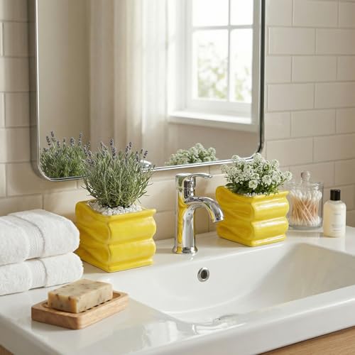 MyGift 4Inch Yellow Ceramic Mini Succulent Plant Pot Modern Decorative Planters with Candy Ribbon Design Set of 2 - Image 3