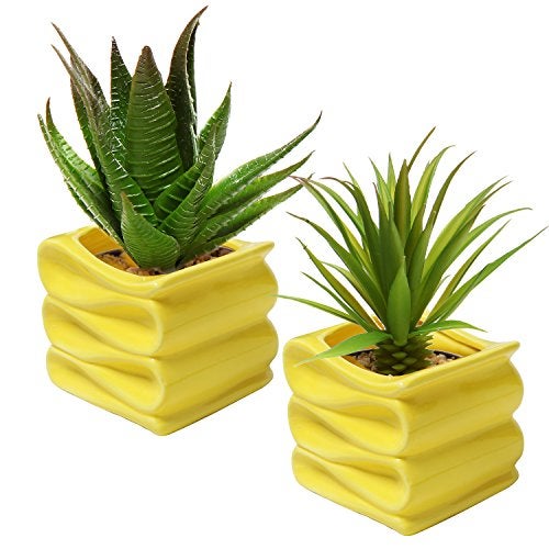 MyGift 4Inch Yellow Ceramic Mini Succulent Plant Pot Modern Decorative Planters with Candy Ribbon Design Set of 2 - Image 1