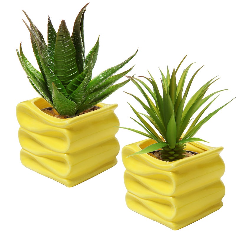 MyGift 4Inch Yellow Ceramic Mini Succulent Plant Pot Modern Decorative Planters with Candy Ribbon Design Set of 2 - Image 2