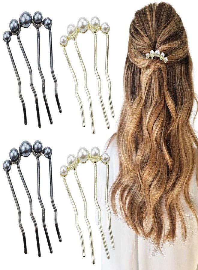 Capiant 4 PACK Pearls Twist Hair Pins, Pearl U Shaped Hair Side Combs, 4 Prong Hair Updo Hair Sticks, Vintage Hair Fork Clips, French Pearl Hairpin Hair Styling Accessories for Wedding Party Holiday Daily - Image 1