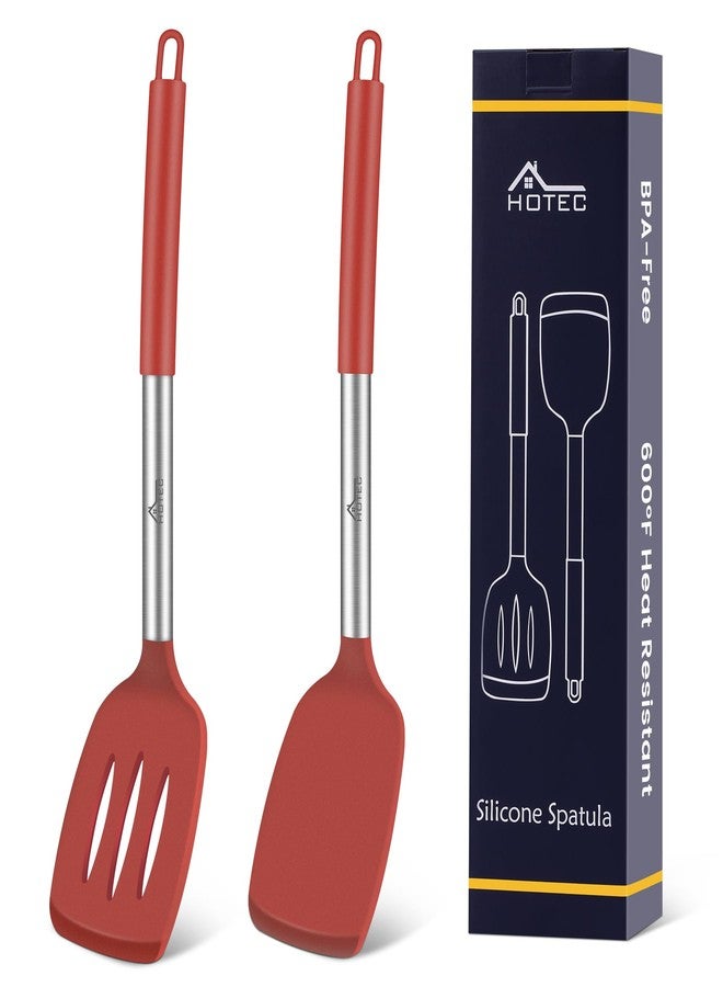 HOTEC Silicone Spatula Set of 2 Heat-Resistant 600°F & BPA-Free Kitchen SaptulaTurner with Stainless Steel Handles, Slotted & Solid Spatulas for Nonstick Cookware, 13.7 Inch, Red - Image 1
