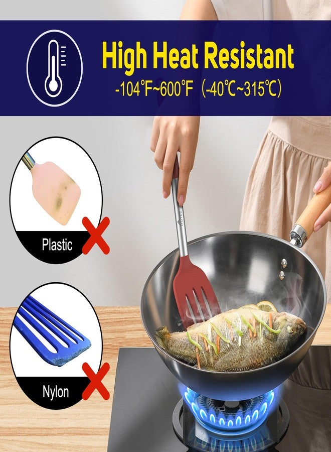 HOTEC Silicone Spatula Set of 2 Heat-Resistant 600°F & BPA-Free Kitchen SaptulaTurner with Stainless Steel Handles, Slotted & Solid Spatulas for Nonstick Cookware, 13.7 Inch, Red - Image 5