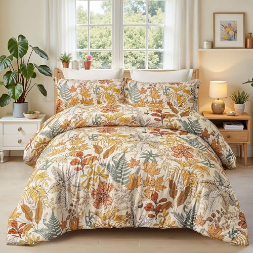 keensoft King Comforter Set - 3 Pieces Botanical Bedding Comforter Set, 1 Soft Orange Fall Plant Flowers Comforter (104"x90") and 2 Pillow Shams(20"x36") Ultra-Soft Comfort Suitable for All Seasons - Image 1