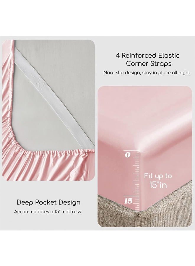 MR&HM Satin Bed Sheets, Queen Size Sheets Set, 4 Pcs Silky Bedding Set with 15 Inches Deep Pocket for Mattress (Queen, Light Pink) - Image 4