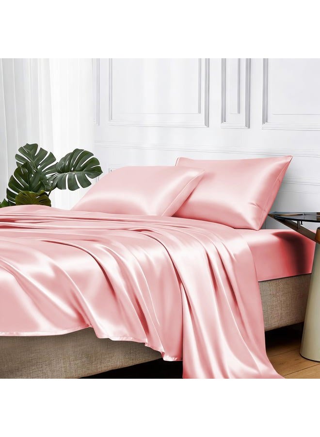 MR&HM Satin Bed Sheets, Queen Size Sheets Set, 4 Pcs Silky Bedding Set with 15 Inches Deep Pocket for Mattress (Queen, Light Pink) - Image 1