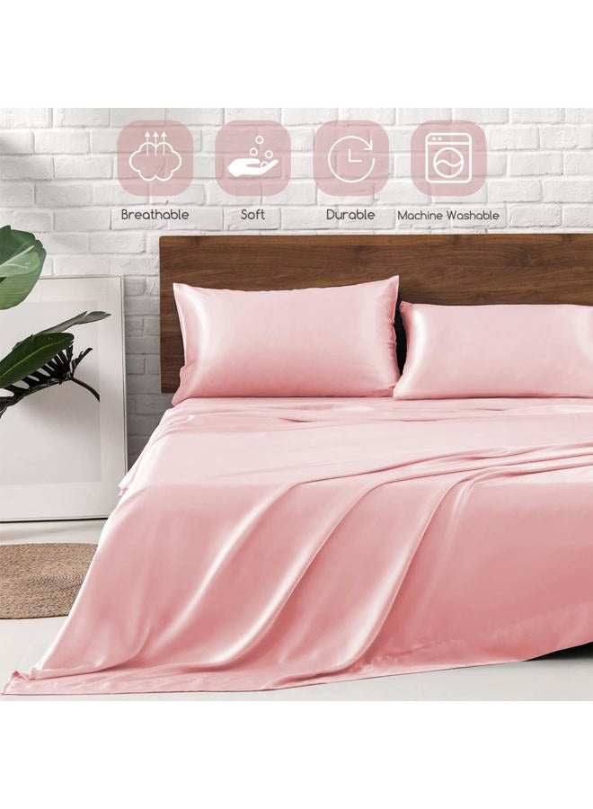 MR&HM Satin Bed Sheets, Queen Size Sheets Set, 4 Pcs Silky Bedding Set with 15 Inches Deep Pocket for Mattress (Queen, Light Pink) - Image 5