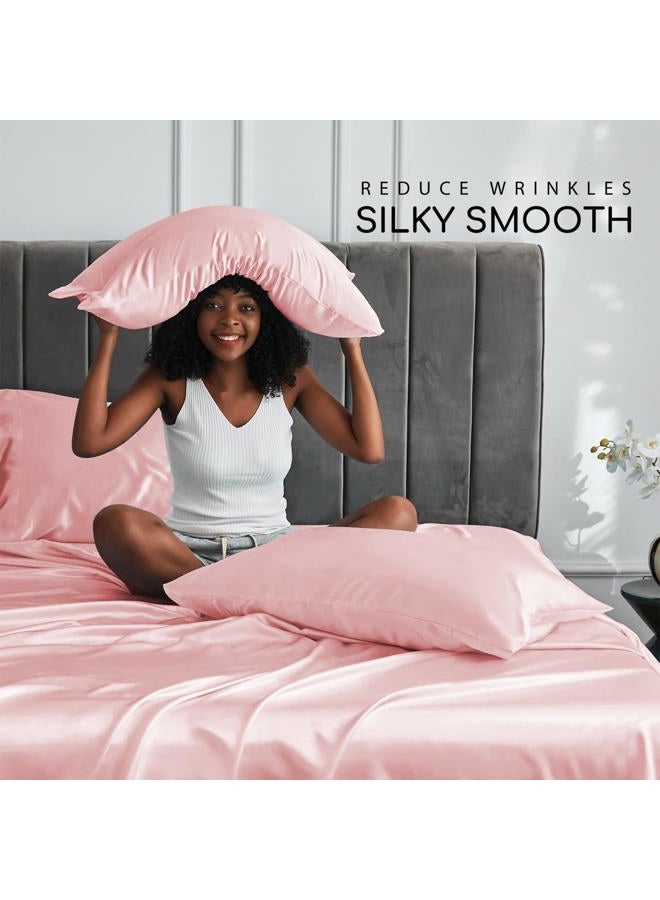 MR&HM Satin Bed Sheets, Queen Size Sheets Set, 4 Pcs Silky Bedding Set with 15 Inches Deep Pocket for Mattress (Queen, Light Pink) - Image 3