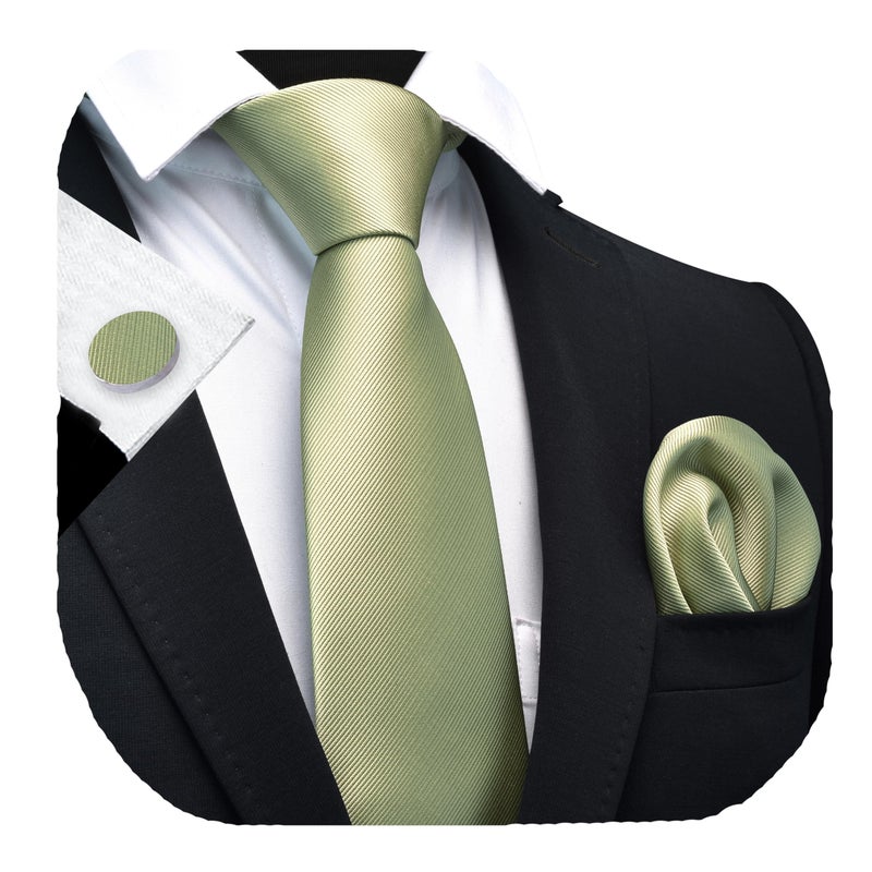 GUSLESON Solid Dark Sage Green Wedding Ties For Men Neckties and Pocket Square Cufflinks Sets(IN0789-35) - Image 4