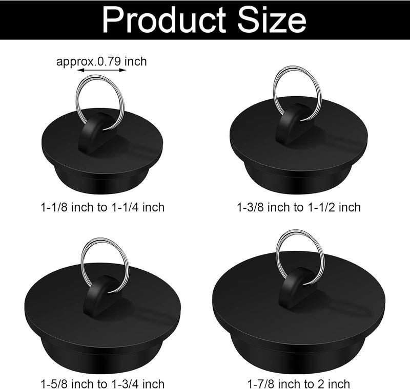 Hestya 4 Pieces Tub Stopper Bathtub Drain Rubber Sink Stopper Drain Plug with Hanging Ring for Bathtub, Kitchen and Bathroom, Black (1-1/8, 1-3/8, 1-5/8, 1-7/8'')(1-1/8, 1-3/8,1-5/8, 1-7/8'') - Image 2