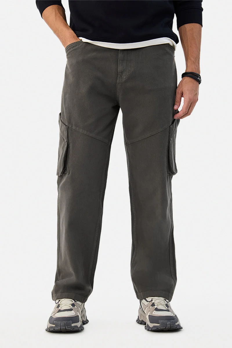 SNITCH Dark Grey Solid Loose Fit Streetwear Cargo