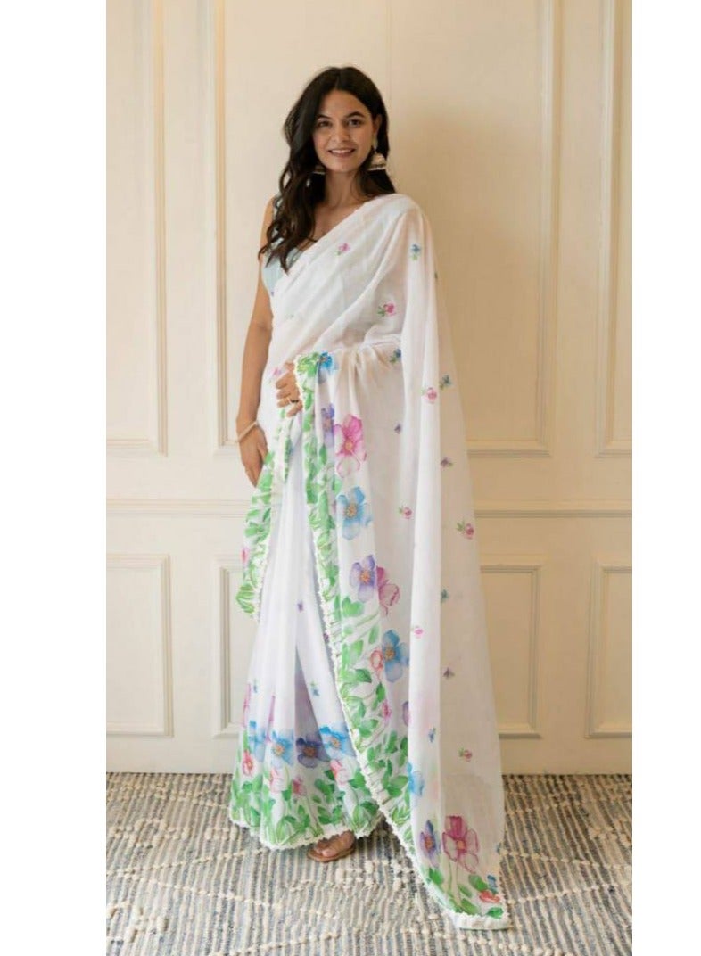 Grab Mantra Linen White Saree With Beautiful Multicolour Flower Having Lace All Over Plus Unstitched Blouse  - Image 4