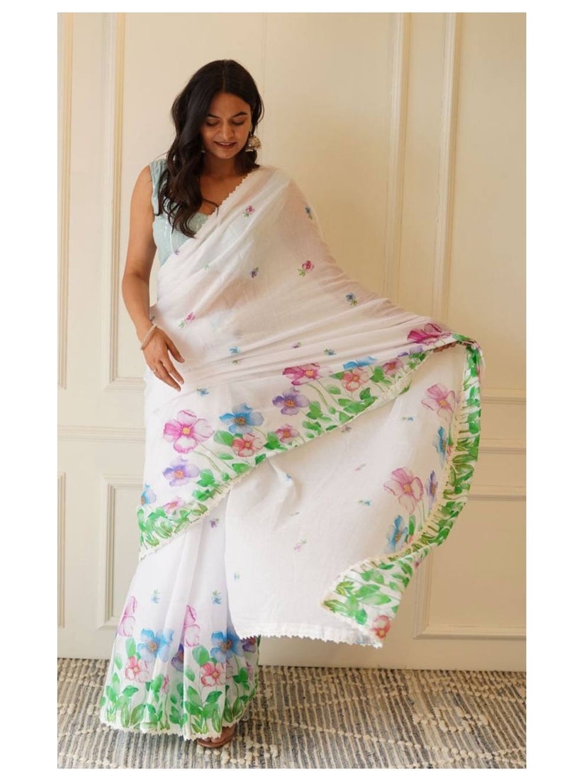 Grab Mantra Linen White Saree With Beautiful Multicolour Flower Having Lace All Over Plus Unstitched Blouse  - Image 3