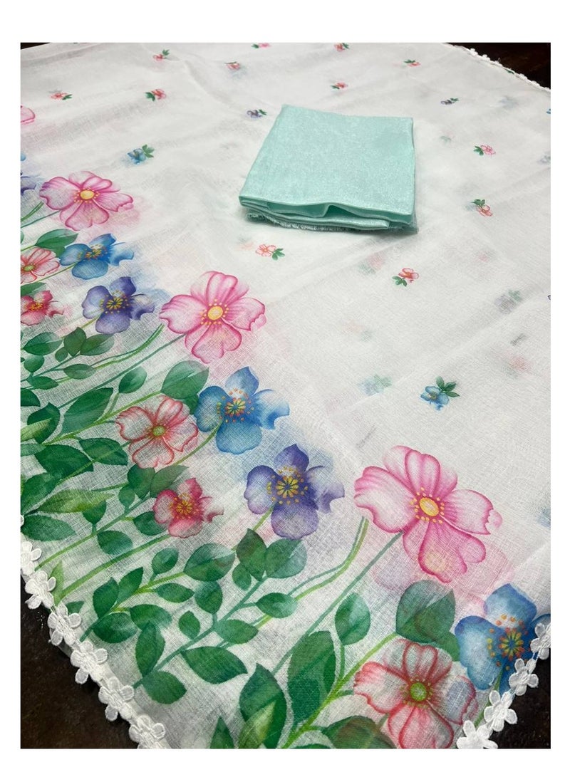 Grab Mantra Linen White Saree With Beautiful Multicolour Flower Having Lace All Over Plus Unstitched Blouse  - Image 2