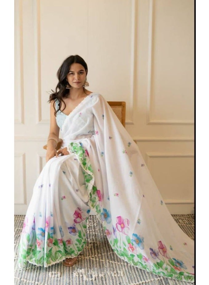 Grab Mantra Linen White Saree With Beautiful Multicolour Flower Having Lace All Over Plus Unstitched Blouse  - Image 5