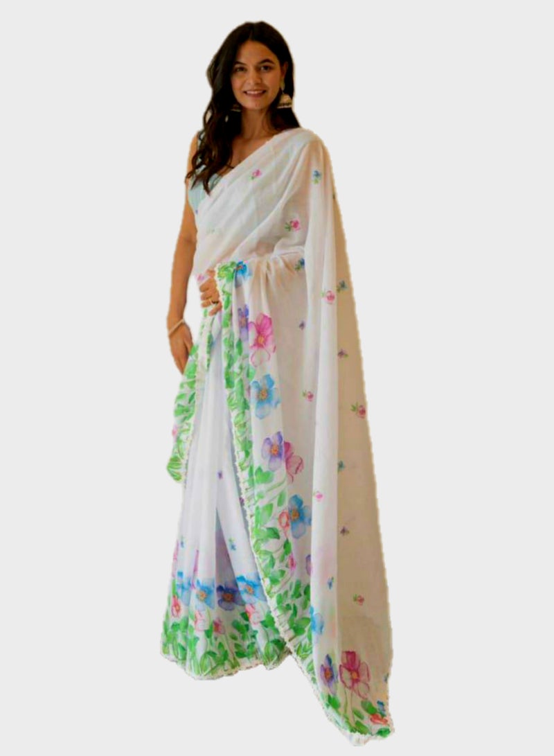 Grab Mantra Linen White Saree With Beautiful Multicolour Flower Having Lace All Over Plus Unstitched Blouse  - Image 1
