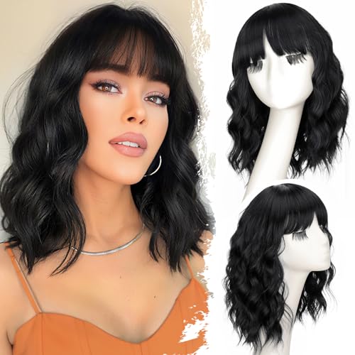 Nnzes Black Wavy Wigs with Bangs Women’s Short Black Bob Wig Synthetic Natural Looking Heat Resistant Fiber Hair - Image 1