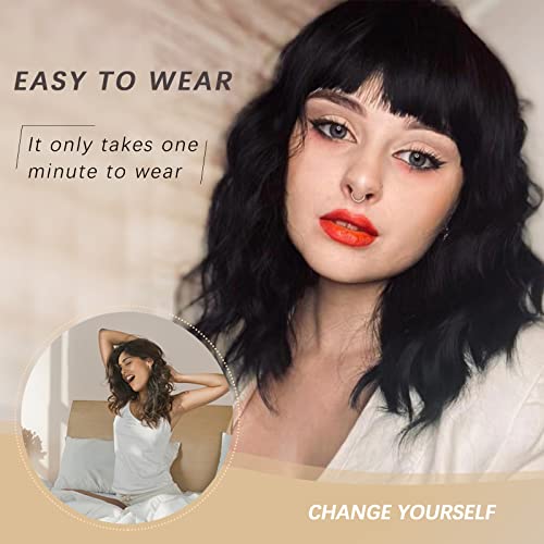 Nnzes Black Wavy Wigs with Bangs Women’s Short Black Bob Wig Synthetic Natural Looking Heat Resistant Fiber Hair - Image 5
