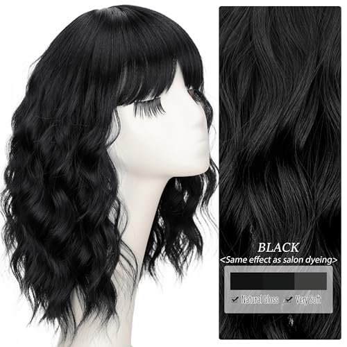 Nnzes Black Wavy Wigs with Bangs Women’s Short Black Bob Wig Synthetic Natural Looking Heat Resistant Fiber Hair - Image 3