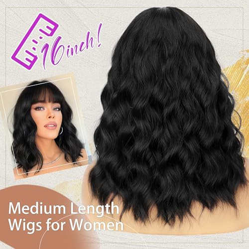Nnzes Black Wavy Wigs with Bangs Women’s Short Black Bob Wig Synthetic Natural Looking Heat Resistant Fiber Hair - Image 4
