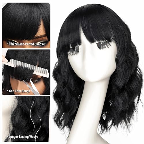 Nnzes Black Wavy Wigs with Bangs Women’s Short Black Bob Wig Synthetic Natural Looking Heat Resistant Fiber Hair - Image 2