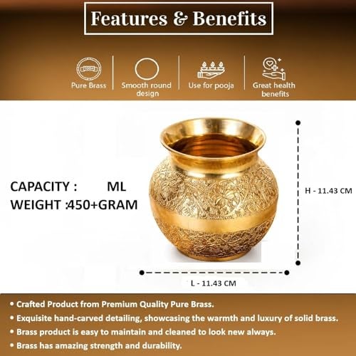 Mkd2 Rise Brass Lota for Puja 500ml | Pure Brass Kalash for Pooja, Mandir & Rituals | Golden Water Pot for Diwali, Wedding & Temple Use (1 Pc) - Image 4