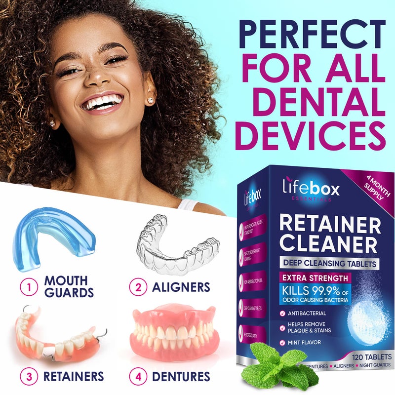 Lifebox Essentials Retainer Cleaner Tablets - 120 Denture Cleaning Tablets & Aligner Cleaner - Removes Odors & Stains â€“ For Aligners, Retainers, Dentures, Night Guards - Mint Flavor - Image 2