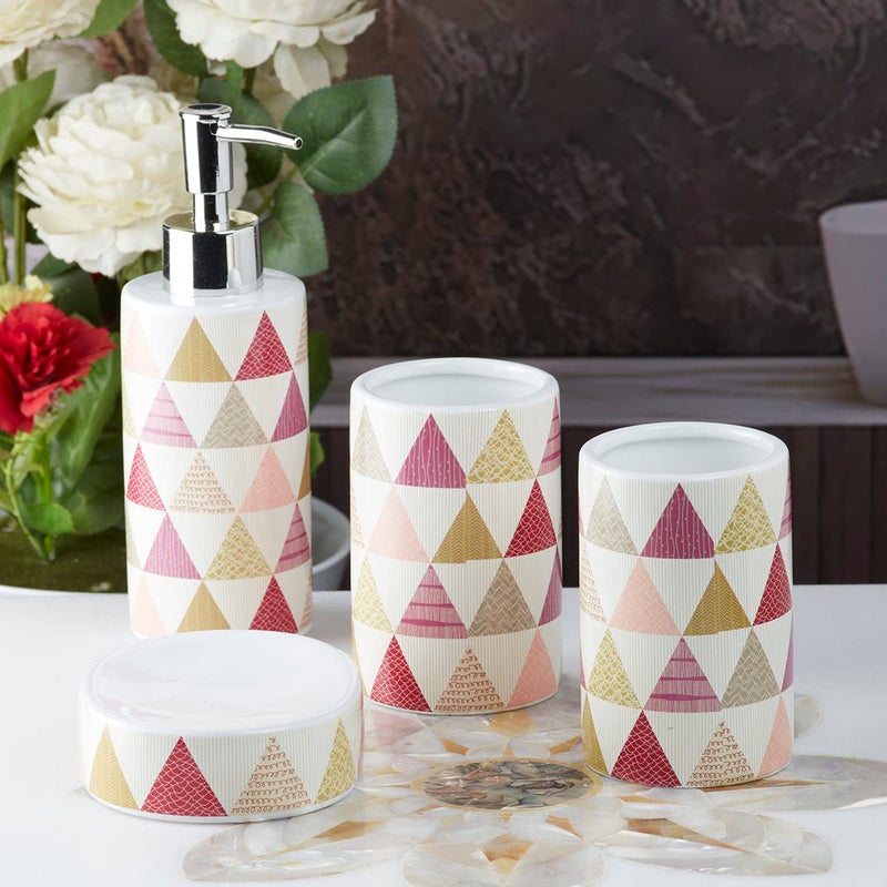 Kookee Ceramic Bathroom Set Stylish 4 Piece Bath Accessories Kit with Soap Dispenser Toothbrush Holder Tumbler Soap Dish Modern Designer Decor for Home Guest Bathrooms Multicolor 8165 - Image 1
