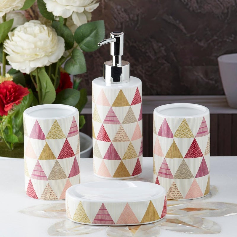 Kookee Ceramic Bathroom Set Stylish 4 Piece Bath Accessories Kit with Soap Dispenser Toothbrush Holder Tumbler Soap Dish Modern Designer Decor for Home Guest Bathrooms Multicolor 8165 - Image 4