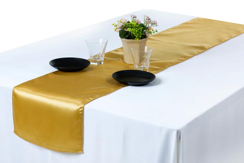 MDS-MEGADECORSUPPLY MDS 10 PCS Satin Table Runners 12 x 108 Inch Charmeuse Sateen Silk Table Runner for Indoor Outdoor Wedding Reception Birthday Graduation Party Event Banquet Dining Table Decoration  Gold 