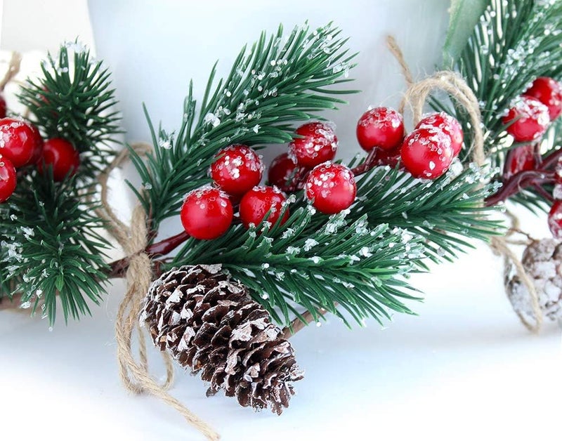 OLYPHAN Red Berry Stems Pine Branches Evergreen Christmas Berries Décor 8 PCS Artificial Pine Cones Branch Craft Wreath Pick & Winter Holiday Floral Picks Holly Stem for Decoration DIY Xmas Garland Crafts - Image 3