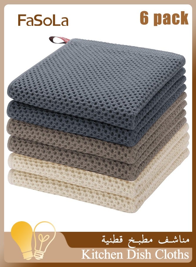 Fasola 6 Pack 100 Percent Cotton Kitchen Dish Cloths Waffle Weave Kitchen Towels and Dishcloths Set Soft Absorbent Hand Towel Washcloths 12 x 12 Inches Multicolour for Daily Home Use - Image 1