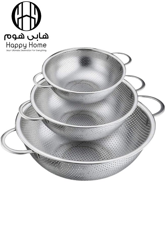 Happy Home Stainless Steel Micro Hole Colander for Washing, Rinsing and Draining Fruit, Pasta and Rice, Heavy Duty and Dishwasher Safe, 3 Pieces, 25.5/22.5/19.5cm - Image 1