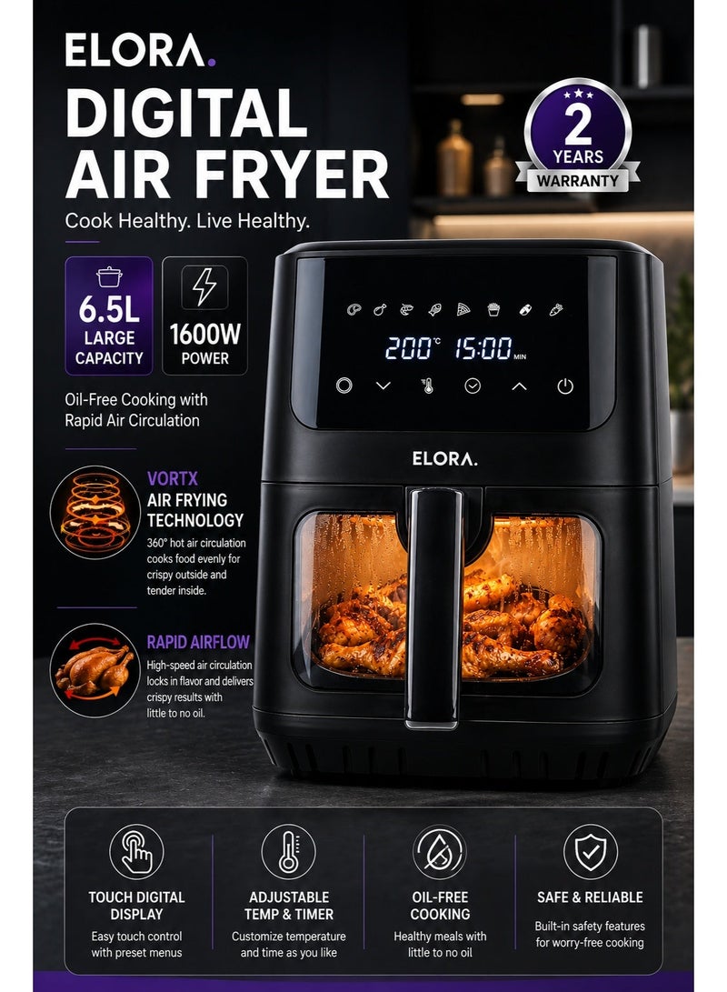 ELORA Digital Air Fryer 6.5L Large Capacity, 1600W, Oil-Free Cooking with Rapid Air Circulation, Adjustable Temperature & Timer, Touch Digital Display, ELAF-8104 Black - Image 1