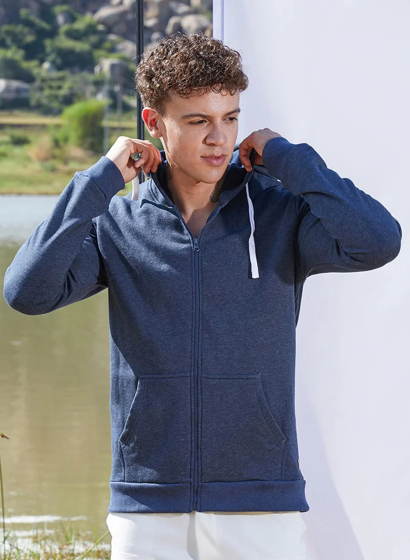 Campus Sutra Men's Dark Blue Zip-Front Hoodie With Contrast Drawstring