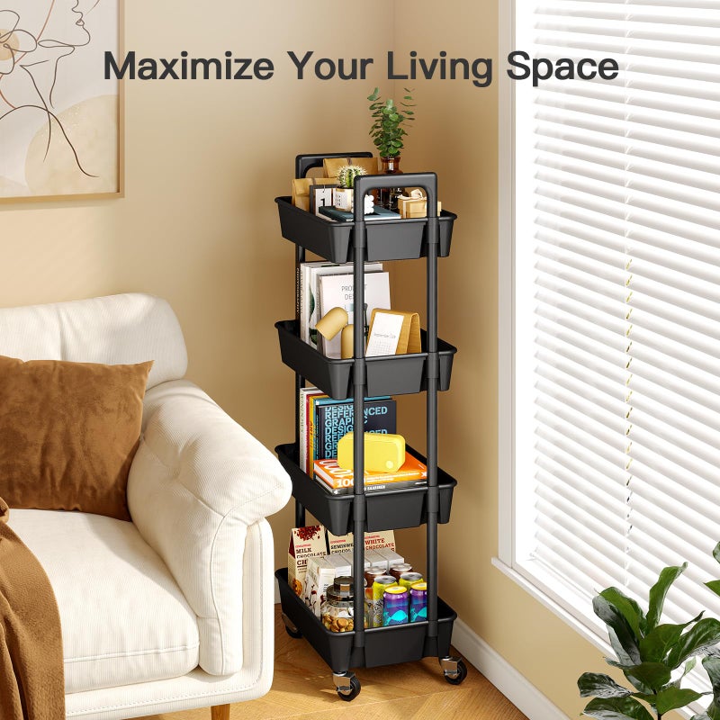 Pipishell 4-Tier Rolling Cart, Plastic Cart with Lockable Wheels & Reinforced Handle, Lightweight Utility Storage for Nursery, Bathroom, Craft Room, Black - Image 4