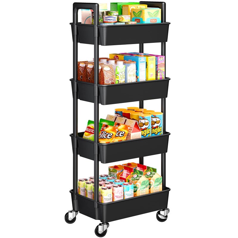 Pipishell 4-Tier Rolling Cart, Plastic Cart with Lockable Wheels & Reinforced Handle, Lightweight Utility Storage for Nursery, Bathroom, Craft Room, Black - Image 1